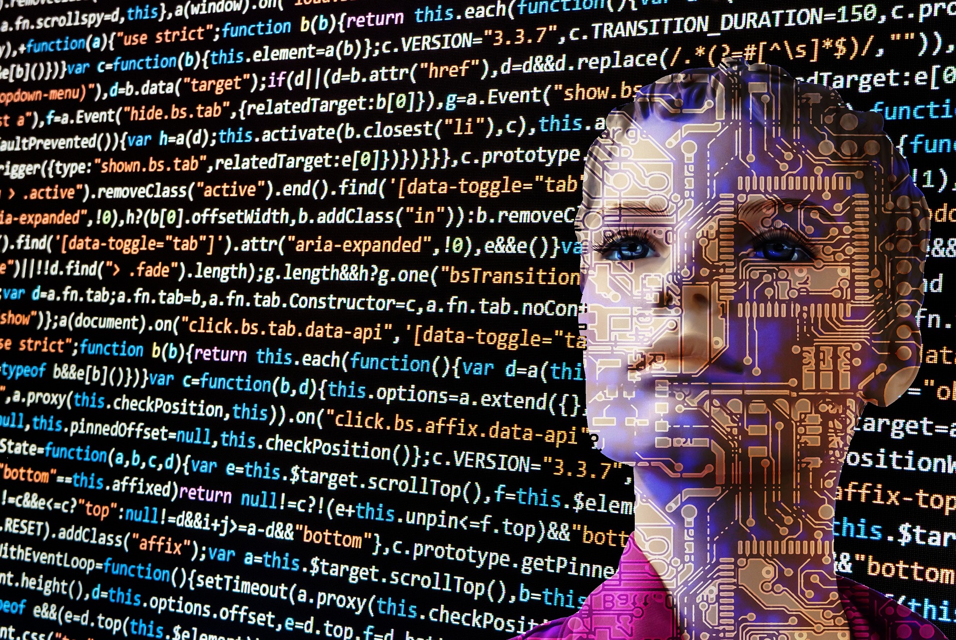A female android reading a screen of javascript code. A new bill in the Senate will address AI through community colleges.